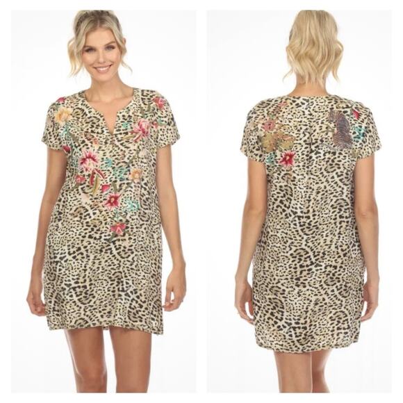 Johnny Was Women Maisie Tunic Dress Size S Leopard Embroidered Linen Boho Floral